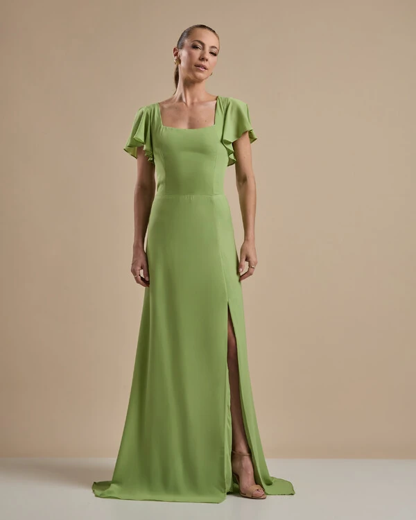 Vestido de Festa Longo Crepe Chiffon Manga Babado e Fenda Verde Garden