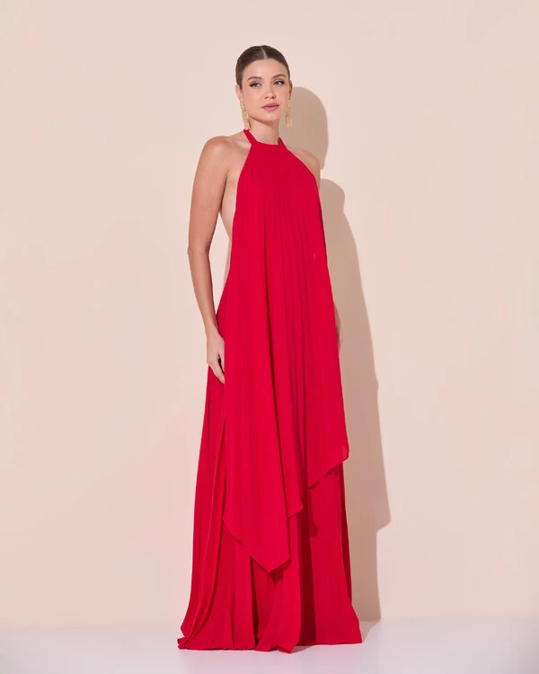 Vestidos de Festa Longo Chiffon Fluido Frente Única Plissado Duplo Vermelho
