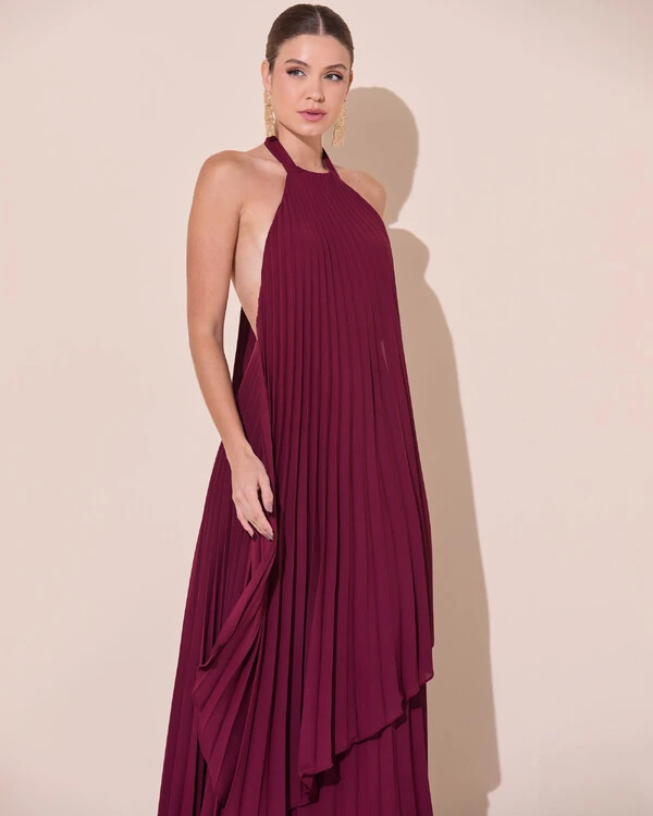Vestidos de Festa Longo Chiffon Fluido Frente Única Plissado Duplo Marsala
