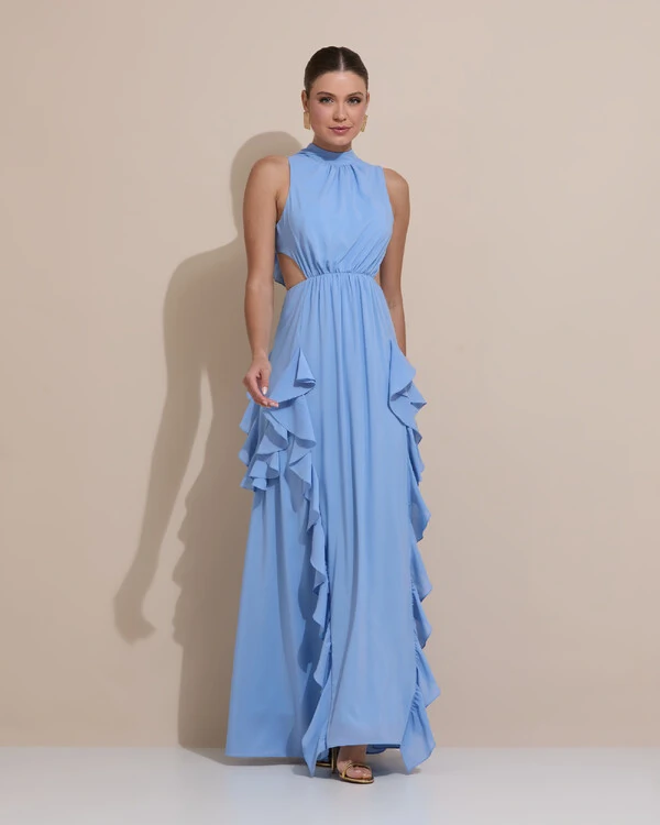 Vestido de Festa Longo Gola Alta Crepe Chiffon Recortes Babados Cascata Azul Atlantis