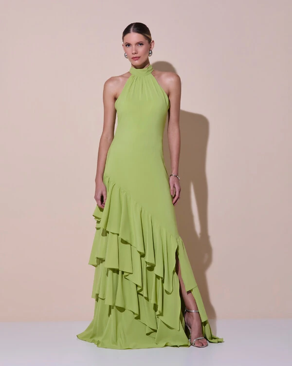 Vestido de Festa Longo Chiffon Crepe Gola Alta Babados Verde Claro