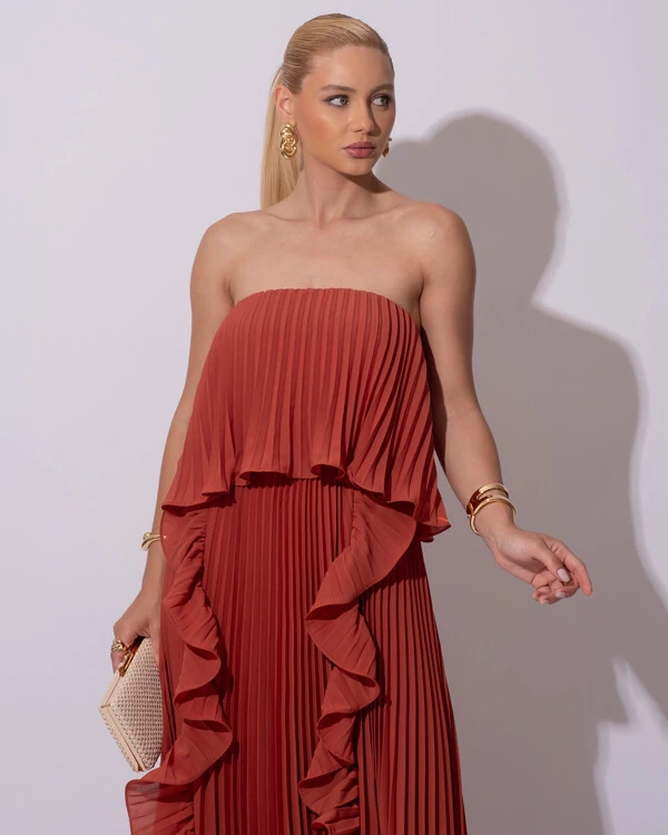Vestido de Festa Longo Crepe Chiffon Tomara que Caia Plissado com Babado Cascata Terracota