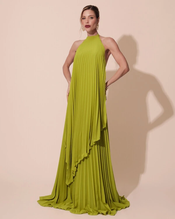 Vestidos de Festa Longo Chiffon Fluido Frente Única Plissado Duplo Verde Pistache