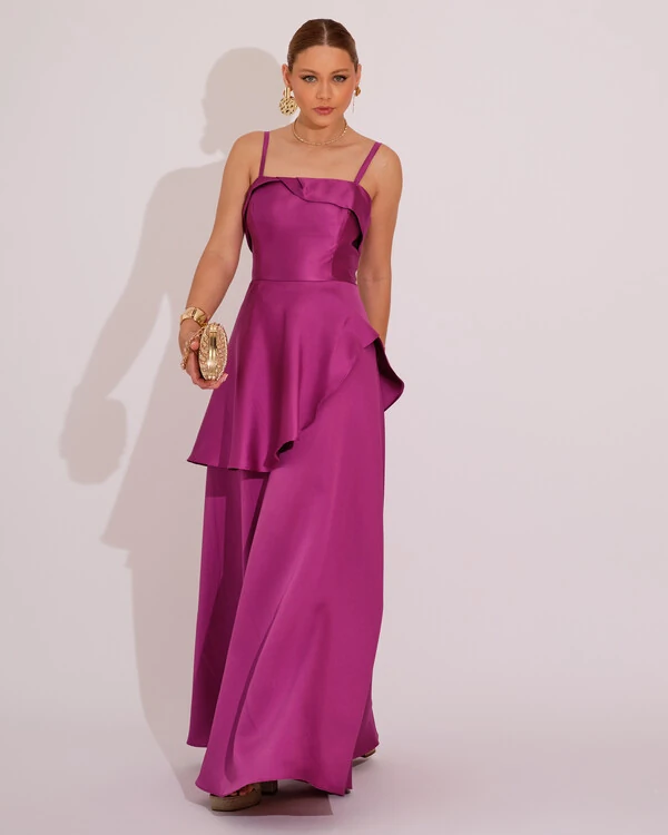 Vestido de Festa Zibeline Tomara que Caia com Recortes e Camadas Fúcsia