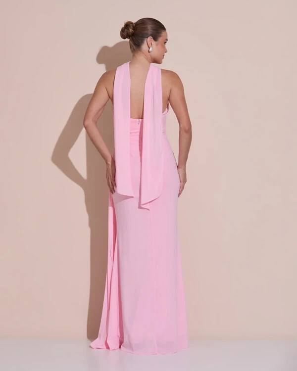 Vestido de Festa Longo Tomara Que Caia Crepe Chiffon Plissado Lenço Rosa Claro