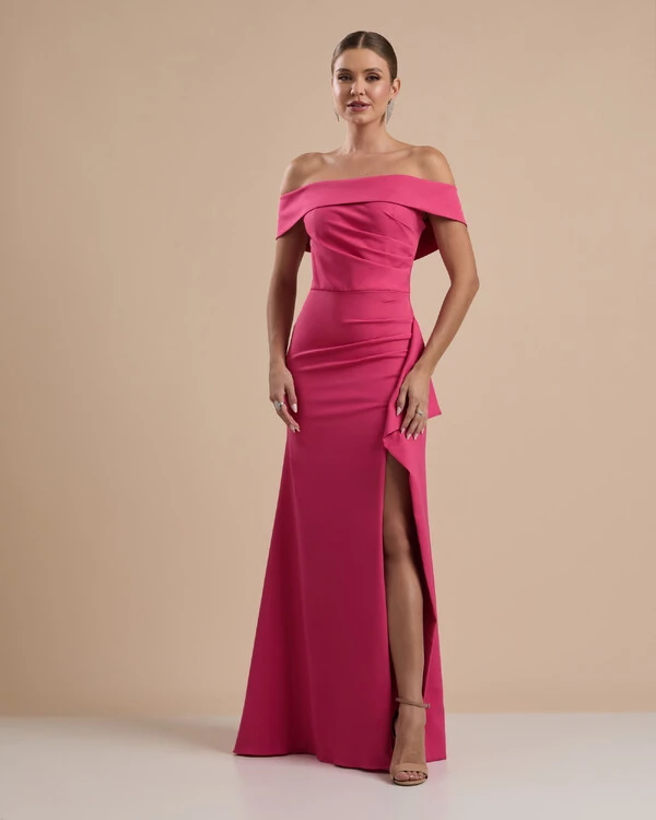 Vestido de Festa Longo Ombro a Ombro com Fenda em Alfaiataria Pink