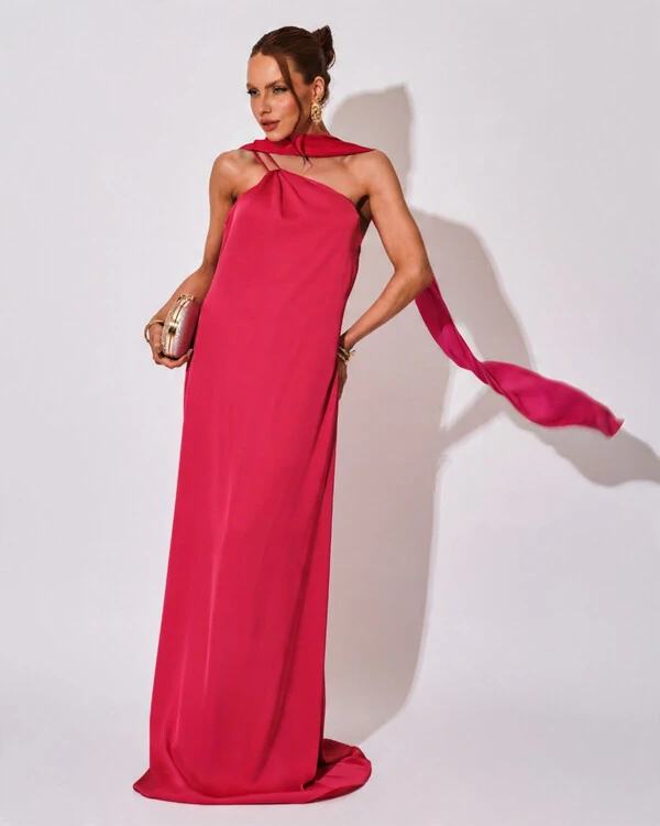 Vestido de Festa Longo em Cetim Fluido um Ombro Só com Lenço Pink