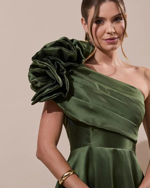 Vestido de Festa Longo Zibeline um Ombro Só Flor Drapeado Verde Oliva New