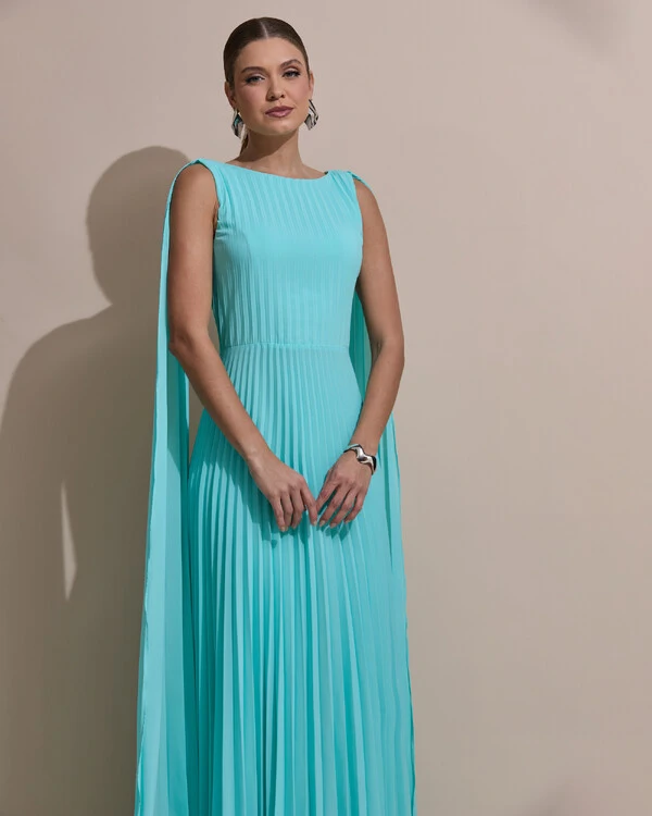 Vestido de Festa Longo Crepe Chiffon Plissado com Lenço nas Alças Tiffany