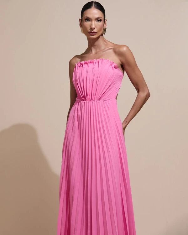 Vestido de Festa Longo Tomara que Caia Plissado Detalhe Rosa