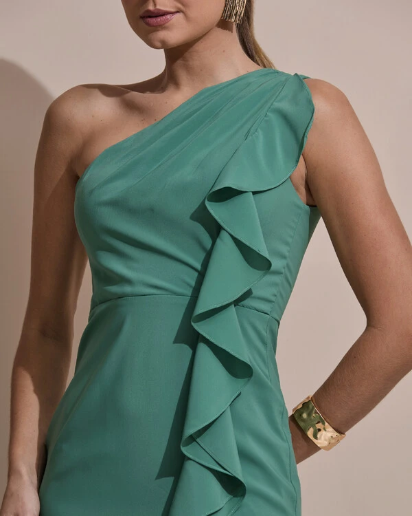 Vestido de Festa Midi Um Ombro Só Crepe Chiffon Babados Cascata Fenda Verde Matcha Escuro
