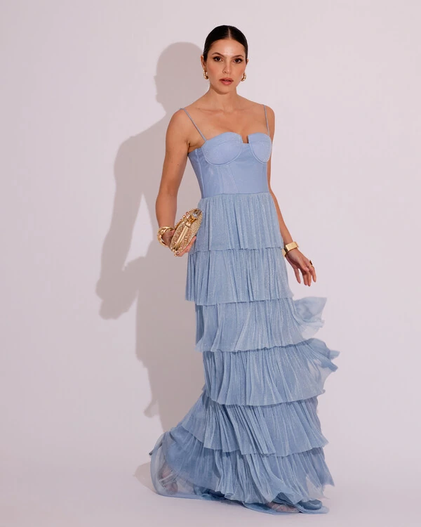 Vestido de Festa Longo Tule Glitter com Camadas Azul Serenity