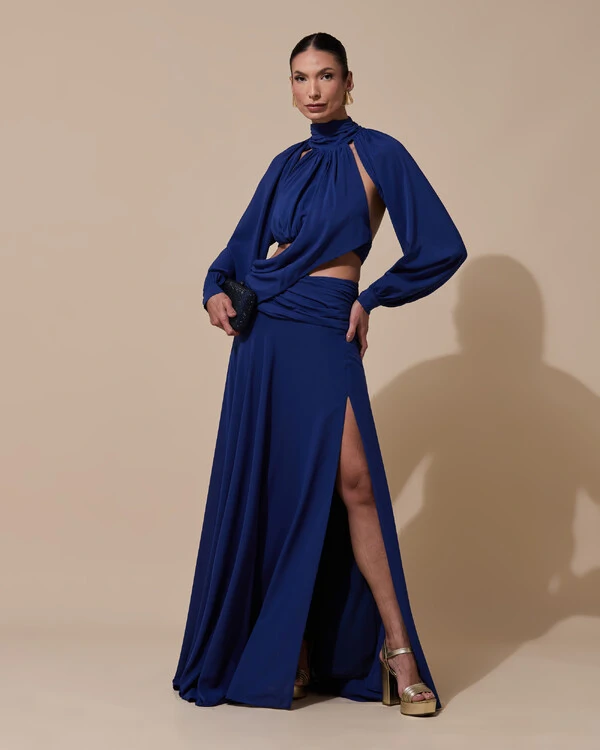 Vestido de Festa Longo Gola Alta Crepe Chiffon Recortes Drapeado Manga Longa Fenda Azul Marinho