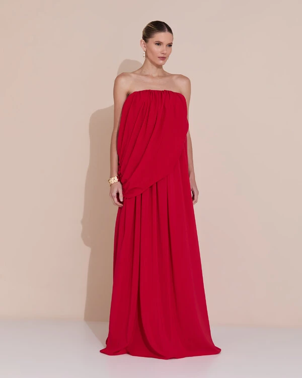 Vestido de Festa Longo Tomara Que Caia Crepe Chiffon Drapeado Vermelho
