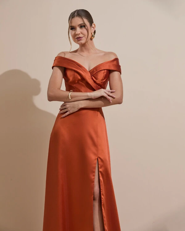 Vestido de Festa Longo Zibeline Ombro a Ombro com Fenda Terracota