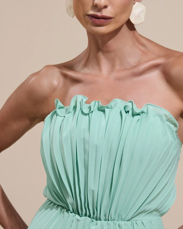 Vestido de Festa Longo Tomara que Caia Plissado Detalhe Verde Menta