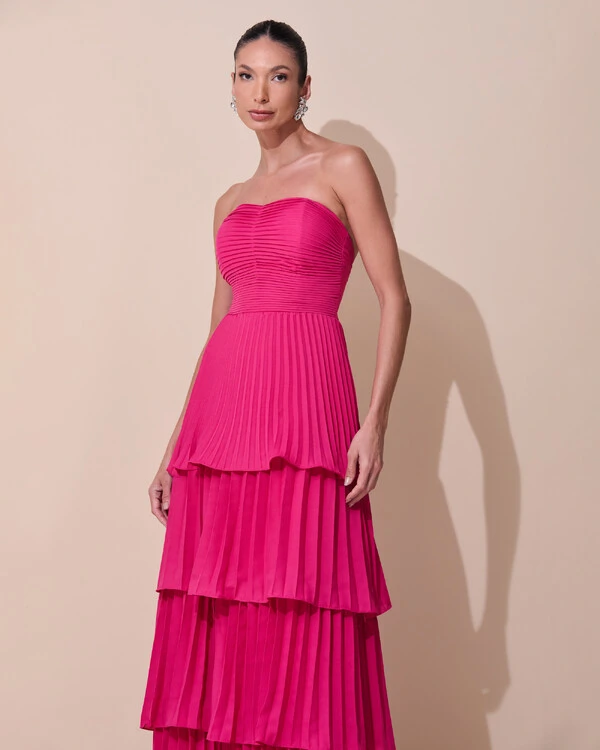 Vestido de Festa Longo Tomara que Caia Crepe Chiffon Plissado Camadas Pink Escuro