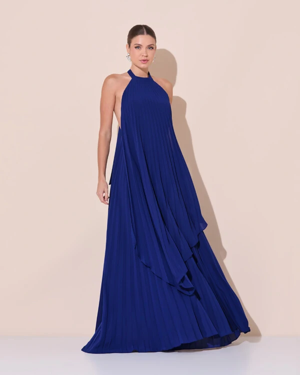Vestidos de Festa Longo Chiffon Fluido Frente Única Plissado Duplo Azul Marinho