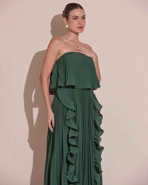 Vestido de Festa Longo Crepe Chiffon Tomara que Caia Plissado com Babado Cascata Verde Escuro New