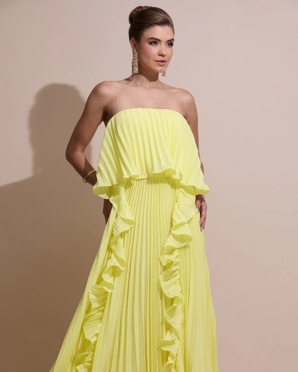 Vestido de Festa Longo Crepe Chiffon Tomara que Caia Plissado com Babado Cascata Amarelo Manteiga