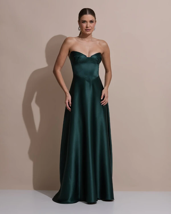 Vestido de Festa Longo Tomara que Caia Decote Coração Cetim Cruzado Costas Verde Escuro