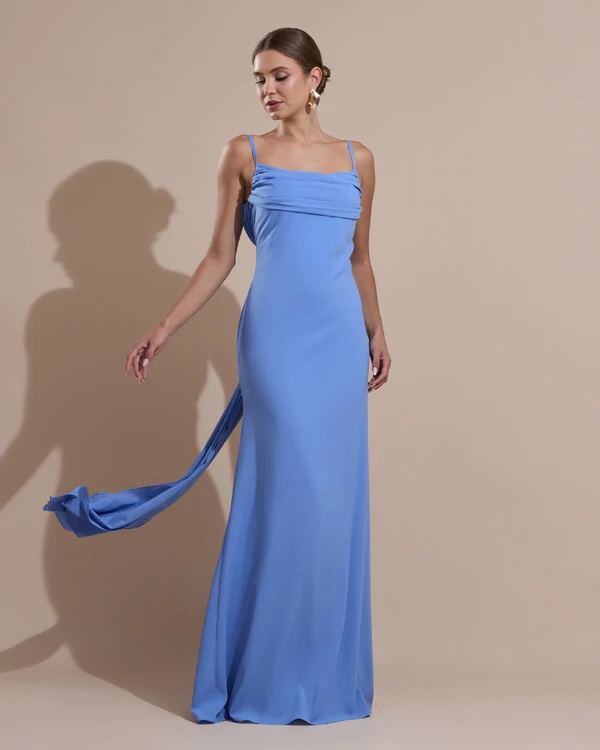 Vestido de Festa Longo Crepe Chiffon Costas Lenço Cauda Azul Atlantis