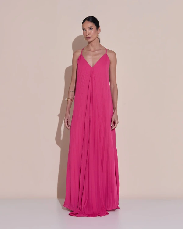 Vestido de Festa Longo Plissado Crepe Chiffon Decote V Alças Finas Pink Escuro