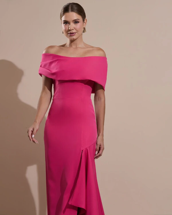 Vestido de Festa Longo Alfaiataria Ombro a Ombro com Babado Cascata Pink