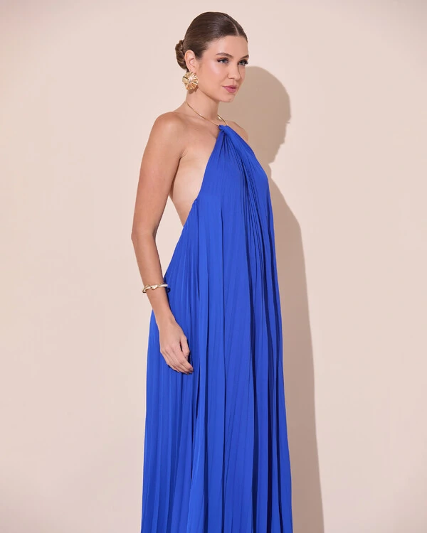 Vestido de Festa Longo Frente Única Plissado Crepe Chiffon Argola Azul Royal