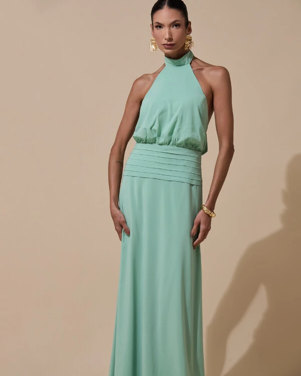 Vestido de Festa Longo Frente Única Busto Blousê Crepe Chiffon Drapeado Verde Menta