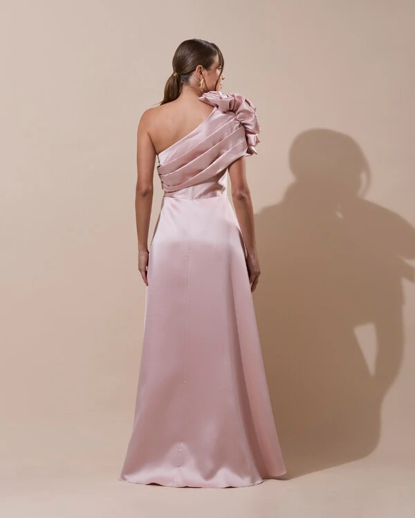Vestido de Festa Longo Zibeline um Ombro Só Flor Drapeado Rosa Nude