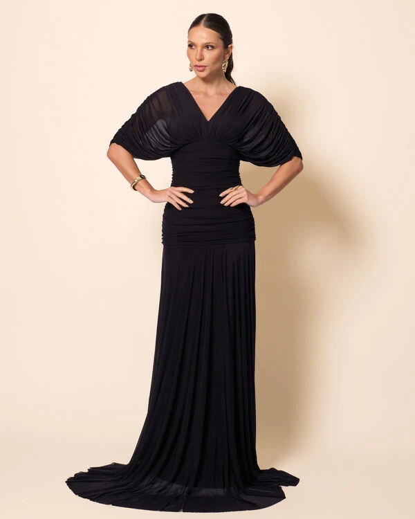Vestido de Festa Longo Tule Manga Curta Drapeado Preto