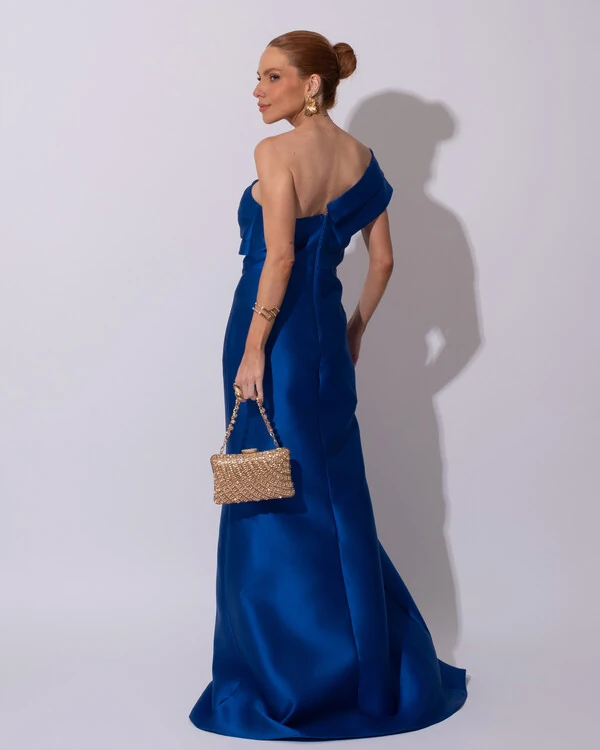 Vestido de festa Longo Zibeline Faixa Drapeada Ombro e Fenda Azul Royal