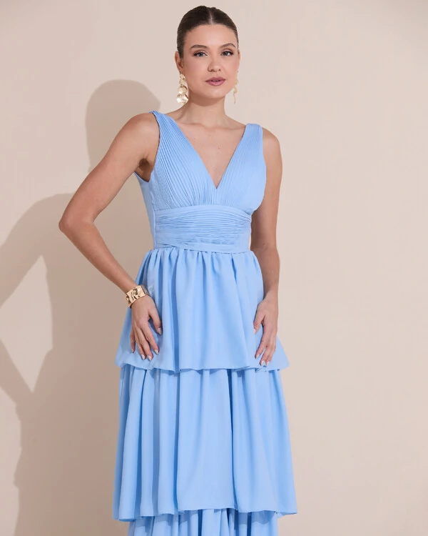 Vestido de Festa Longo Decote V Crepe Chiffon Plissado Camadas Babado Serenity