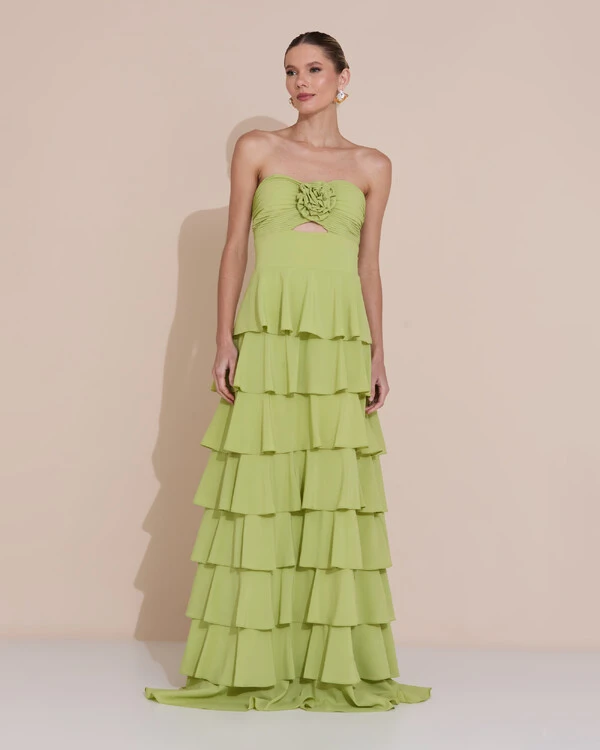 Vestido de Festa Longo Crepe Chiffon Tomara que Caia Plissado Flor Camadas Verde Claro
