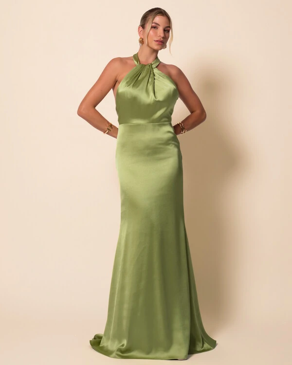 Vestido de Festa Longo em Cetim Alfaiataria com Elastano Frente Única Verde Pistache