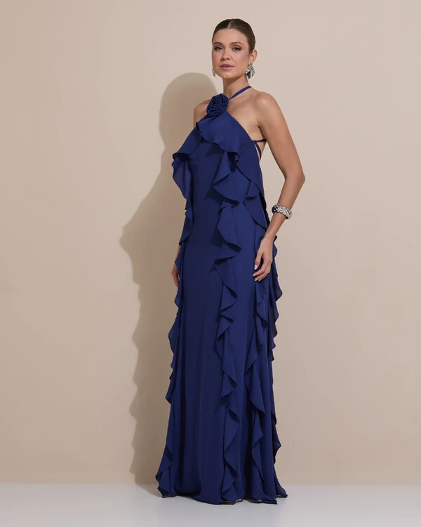 Vestido de Festa Longo Crepe Chiffon Frente Única Babados Cascata e Flor Azul Marinho
