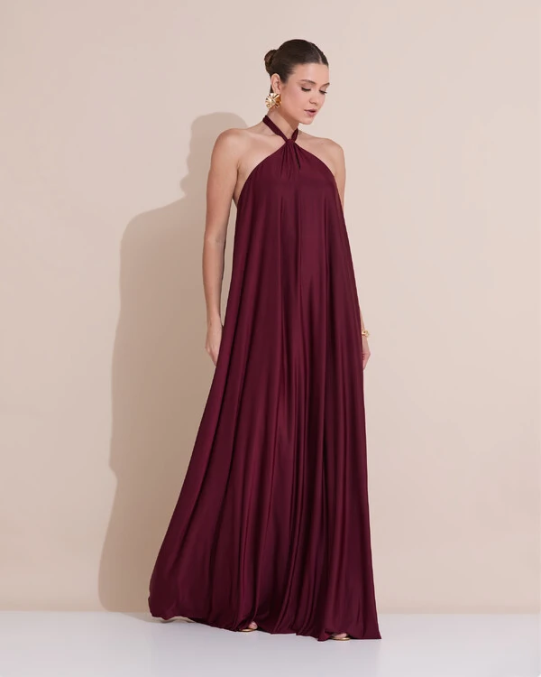 Vestido Longo com Amarração em Malha Marsala Escuro