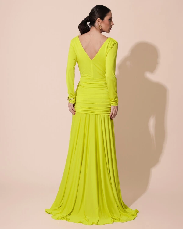 Vestido de Festa Longo Malha Degagê Drapeado Manga Longa Verde Lima