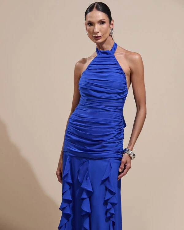 Vestido de Festa Longo Frente Única Crepe Chiffon Drapeado Babados Cascata Azul Royal