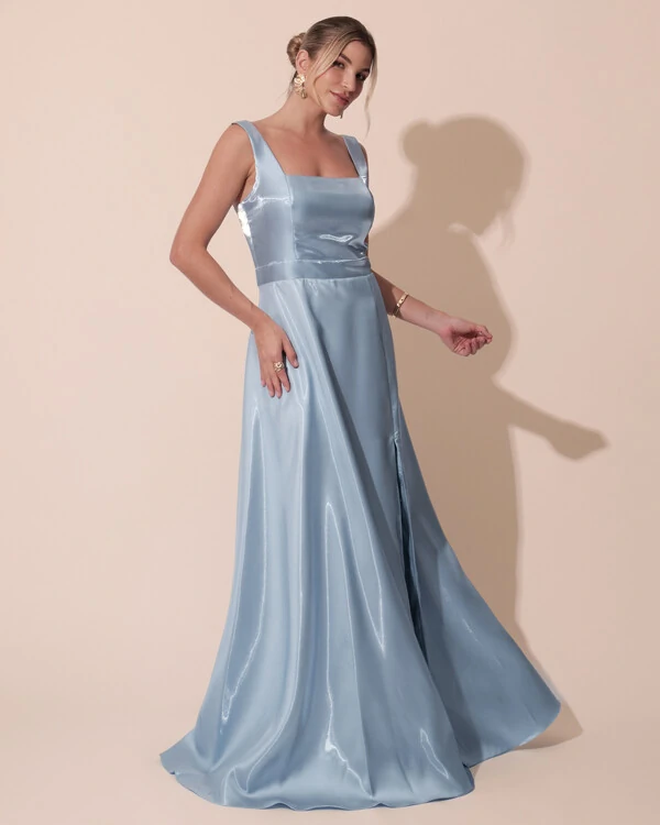Vestido de Festa Longo Zibeline Cristal com Fenda e Faixa Azul Serenity