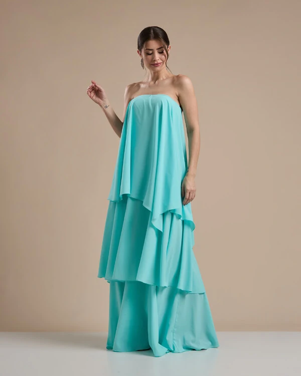 Vestido de Festa Longo Chiffon Crepe em Camadas com Lenço Tiffany