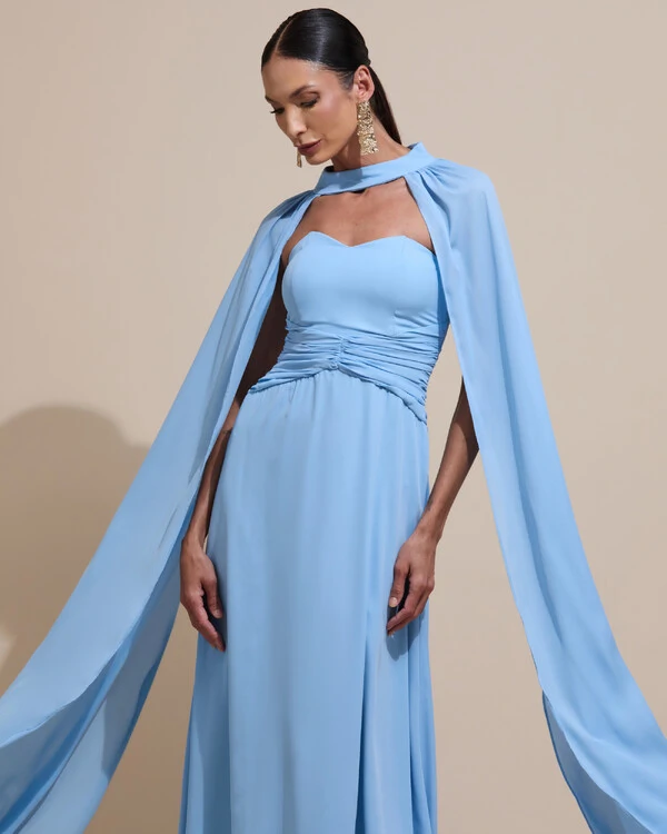 Vestido de Festa Longo Tomara Que Caia Crepe Chiffon Drapeado Capa Serenity