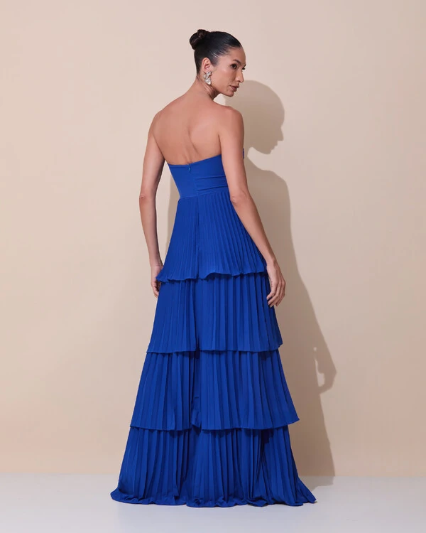 Vestido de Festa Longo Tomara que Caia Crepe Chiffon Plissado Camadas Azul Royal