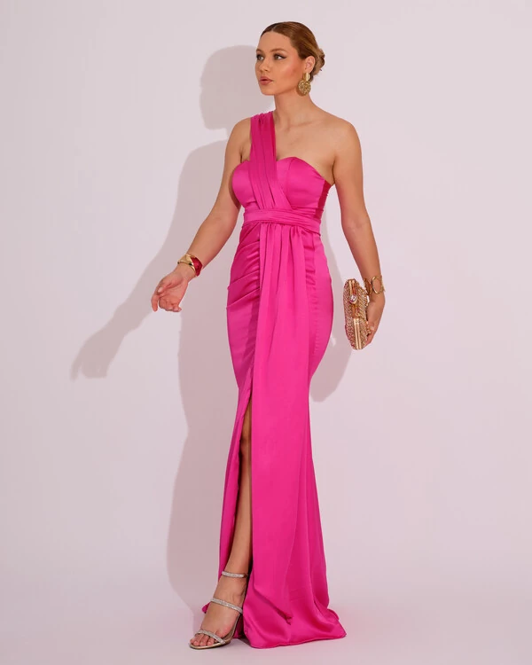 Vestido de Festa Longo Cetim Alfaiataria Tomara que Caia Faixa Pink