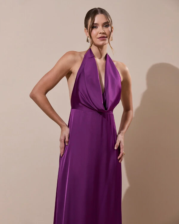 Vestido de Festa Longo Frente Única Degagê Cetim Fluido Roxo