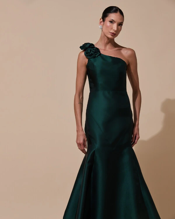 Vestido de Festa Longo Zibeline um Ombro Só Flor Removível Saia Sereia Verde Escuro