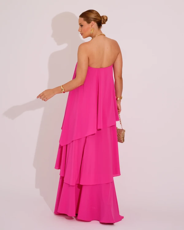 Vestido de Festa Longo Tomara que Caia em Camadas Pink