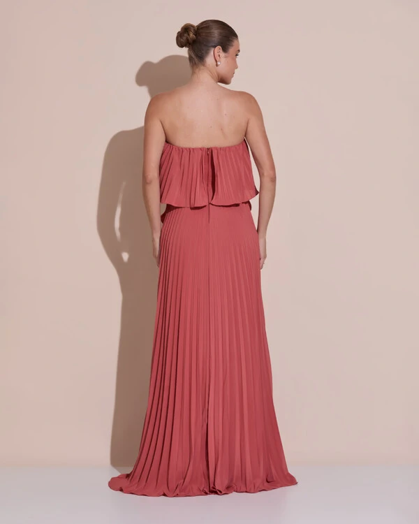 Vestido de Festa Longo Crepe Chiffon Tomara que Caia Plissado com Babado Cascata Terracota