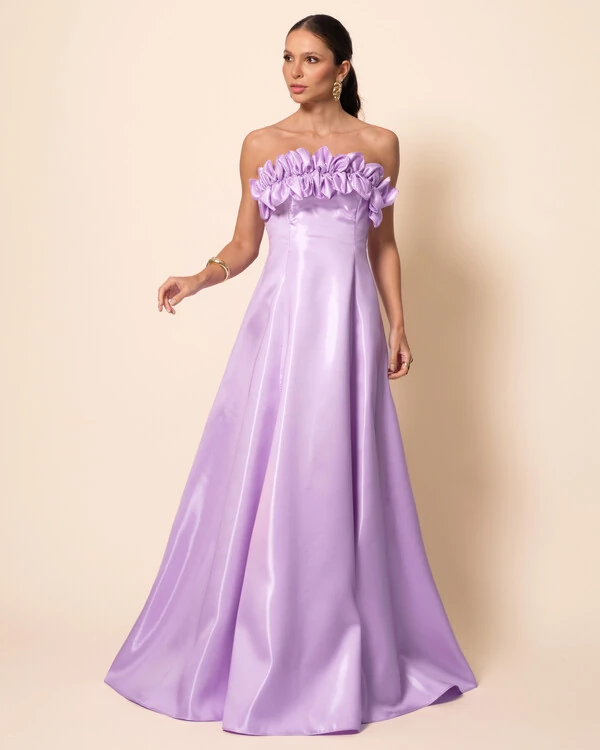 Vestido de Festa Longo Cetim Cristal Tomara que Caia com Flor 3D Lilás